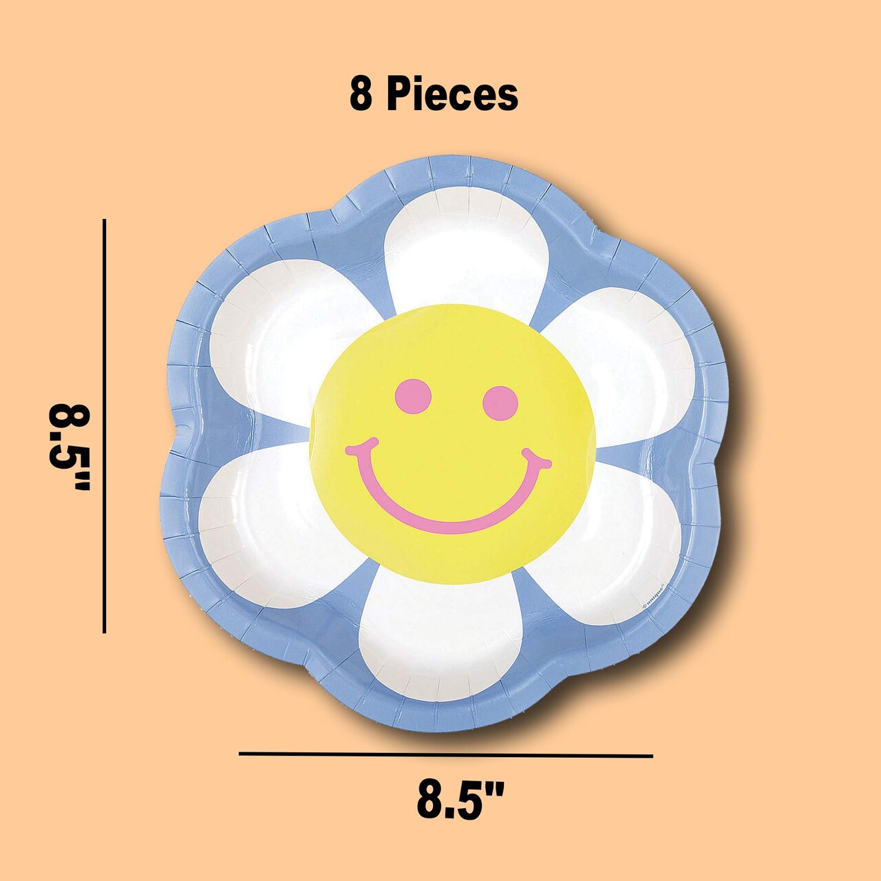 8 Ct. Groovy Flower Dessert Plates 8.5" Retro Smiling Daisy Party Plates